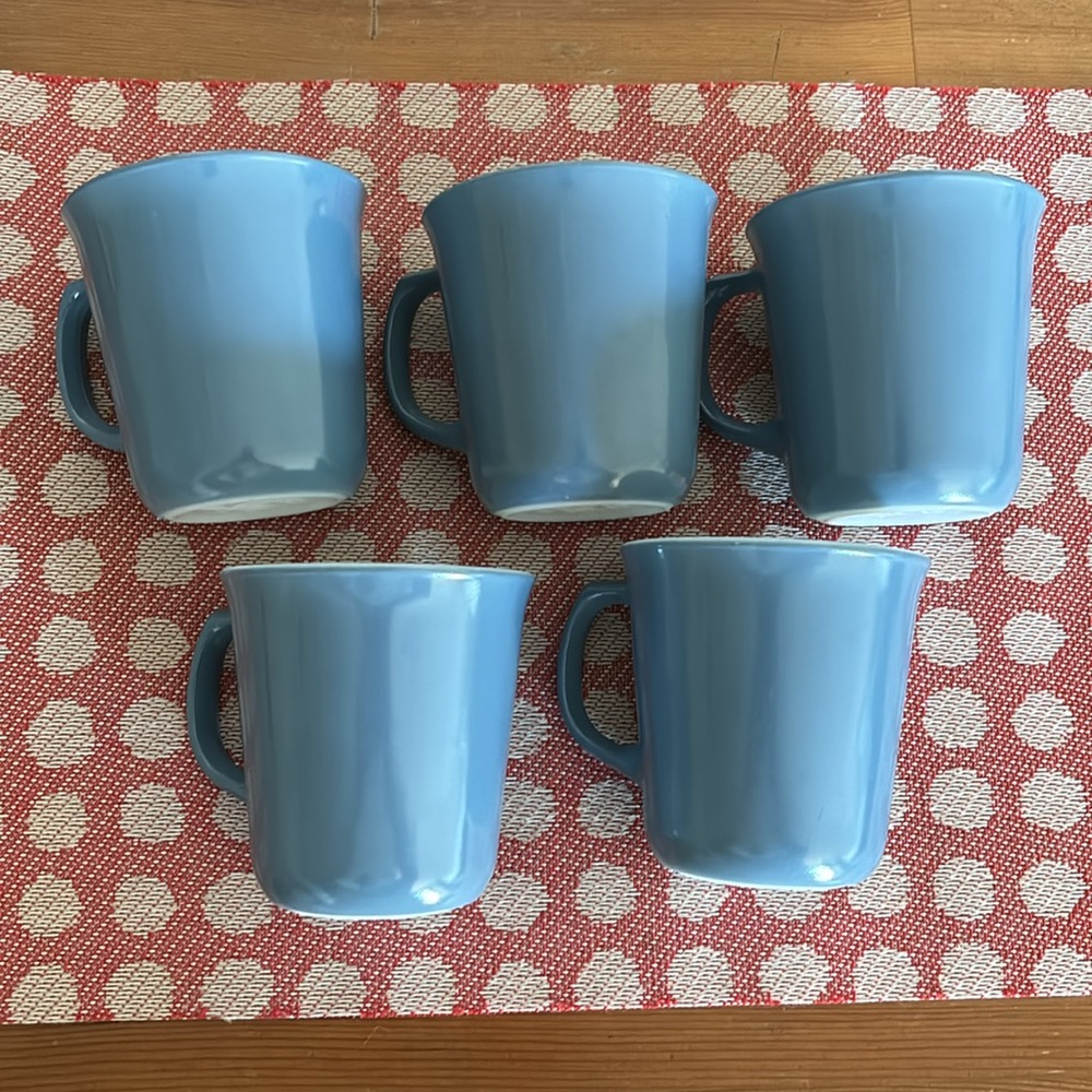 Set of 5, Vintage Pyrex Coffee Mugs - Milk Glass, Blue